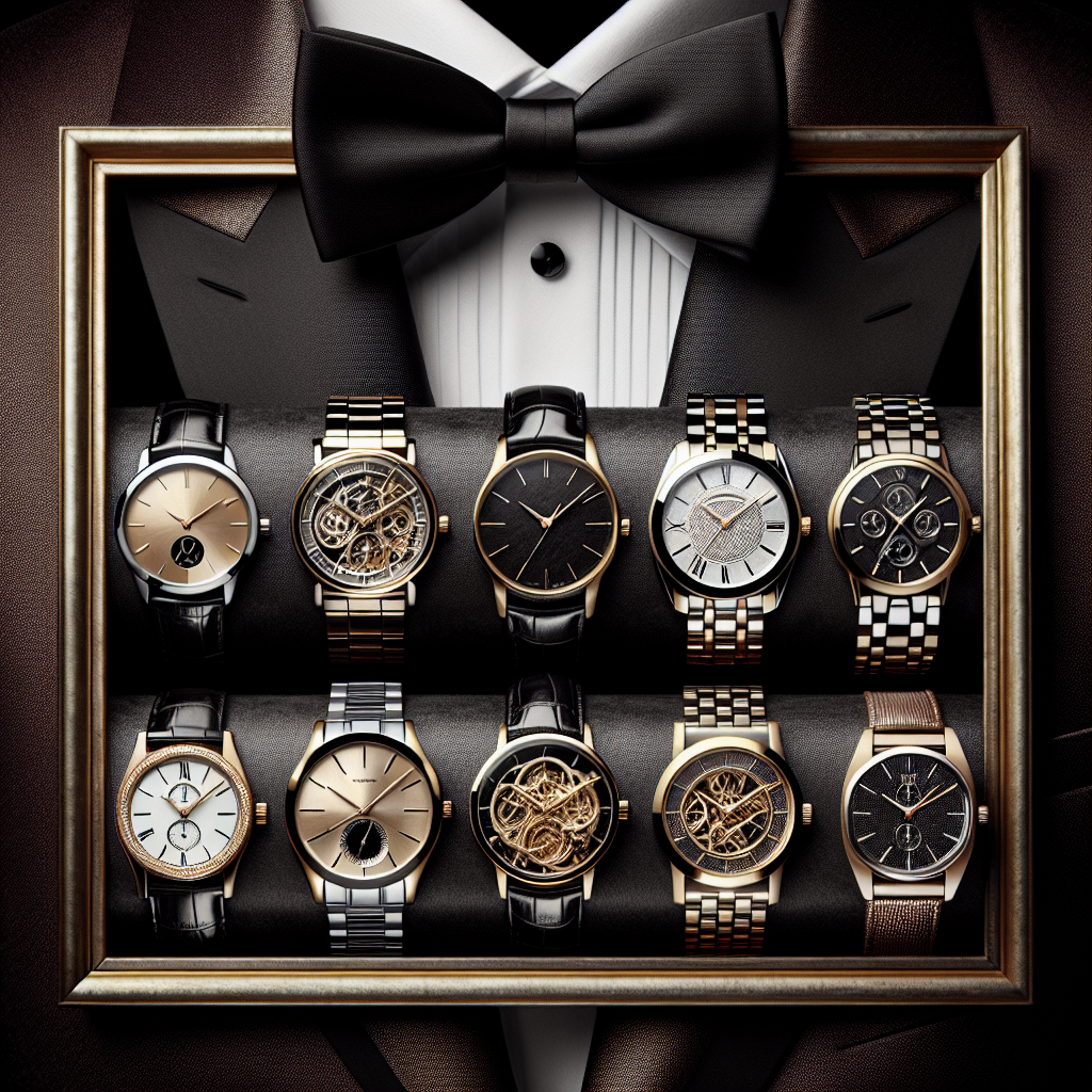 Create a visually stunning image of a variety of luxurious, high-end watches. Each watch has a distinctive style that matches perfectly with a symbolic black tuxedo. Some watches are sleek, minimal, and modern, while others evoke the timeless elegance of a classic, vintage style. They have intricately designed watch faces with gold or silver bands. Place them against a background of lush velvet, for an added touch of luxury and class. The frame should convey the feeling of opulence, style, and sophistication, filling the audience with awe at the mastery of precision and design.
