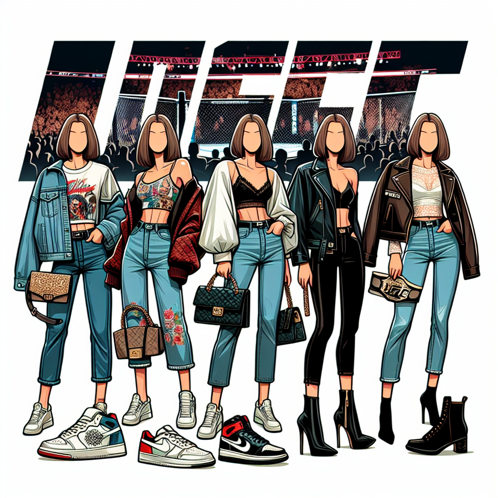 What to Wear to a UFC Fight: Stunning Picks for Women Depict an eclectic array of modern fashion suitable for attending a UFC fight, designed specifically for women. Visualize fitting attire that ranges from cool and comfy, like a graphic tee with funky prints paired with ripped jeans and sneakers, to chic and stylish, like a sleek leather jacket dovetailed with a trendy top and skinny jeans, accented with high-heeled boots. From the attire, the expressions and the accessories, make the scene illustrates sophistication, interest in the sport, and an innate sense of style.