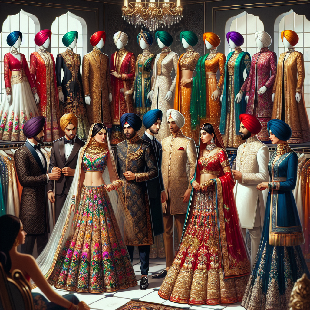 Stunning Outfits for Sikh Weddings: Find Your Perfect Match A fashion showcase centered around Sikh weddings. The scene includes an array of stunning traditional outfits: colorfully embroidered lehengas, beautifully detailed sherwanis, rich silk turbans, and dazzling accessories. The garments exhibit an elegant balance of opulence and tradition, perfect for both brides and grooms. A Caucasian bride trying on a gold and emerald lehenga, a Black groom admiring a crimson sherwani, a Middle-Eastern woman examining vibrant headpieces, a South Asian man fitting a royal blue turban, and a Hispanic woman marveling at delicate golden bangles.