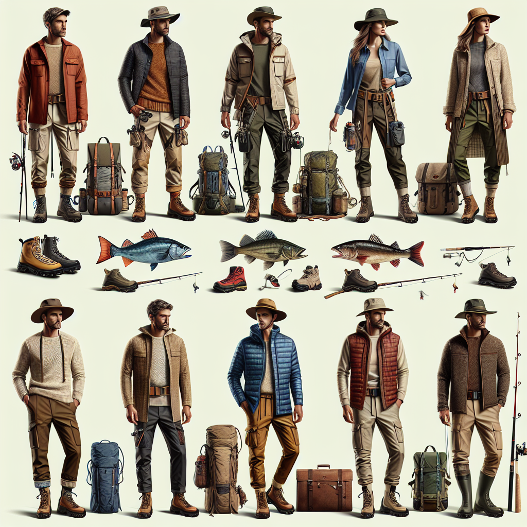 Stunning Range Outfits: Discover Your Perfect Fit Create an image depicting a variety of stylish outfits for different outdoor settings. The collection should include climbing gear, hiking attire, fishing ensemble, and camping outfits, modeled by people of diverse descents and genders. Each outfit should look functional, well-fitted, and stylish. The background should subtly blend in with each setting, demonstrating the perfect fit of these outfits with the outdoor environment. Include details such as vivid colors, textiles like denim, leather, and cotton in the ensembles, and add accessories like hats, boots, and backpacks to further enhance the diversity and richness of the outfits.