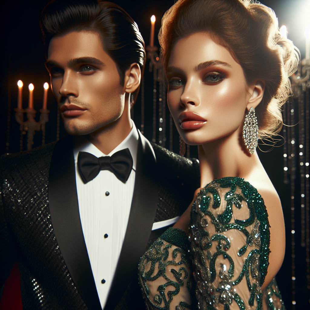Imagine stepping onto the red carpet of an opulent gala event. Your captivating look is sure to make heads turn. Let's delve into creating an image of an elegant woman and man, ravishingly attired for the exclusive event. The woman glows in an elaborate, sequin-embellished gown of rich emerald green. Her hair is sculpted into a sophisticated updo, adorned with lustrous pearls. Beside her, the man exudes charm in his sharp, tailored tuxedo, black with satin trim and a crisp white shirt. His hair is sleekly styled, complementing his debonair looks. The duo exude panache, setting a high standard for gala fashion.