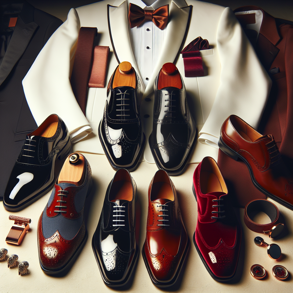 Envision an image displaying an arrangement of must-have shoes paired with a classy tuxedo. The shoes range from shiny patent leather oxfords in midnight black color, to sleek brown brogues, and velvet loafers in a vibrant burgundy. The tuxedo has crisp white fabric and contrasts with the shoes. Accent details, such as pocket squares, cufflinks, bow tie and multiplicity of shoe laces, also add visual interest. Under soft, warm light, the scene emanates the vibe of effortless style and sophistication. The overall setting inspires a sense of refinement, luxury, and elegance inherently associated with formal gentleman's fashion.