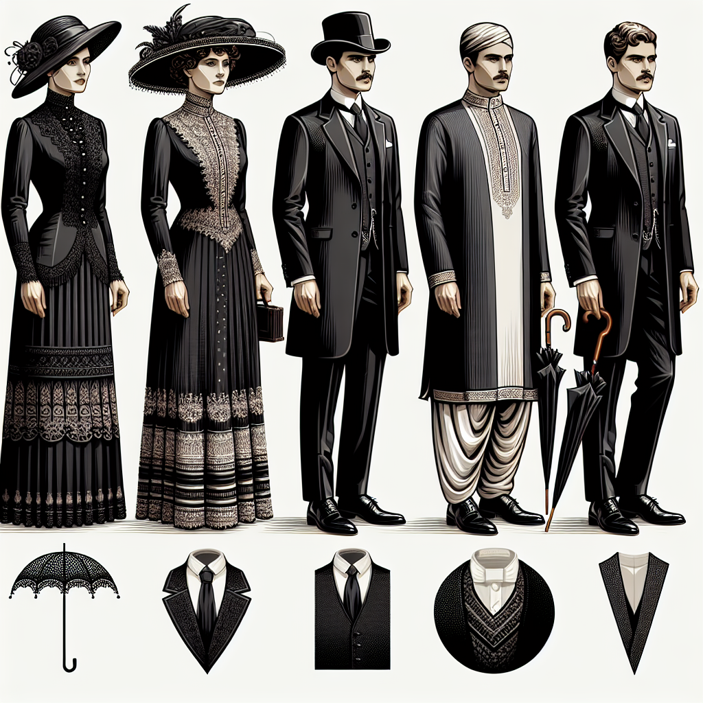 Create an intricate image representing a collection of tastefully chosen funeral attire to display resilience and respect for the deceased. The ensemble should include three different outfits: A black Victorian-era dress on a Hispanic woman who reflects elegance and respect, a traditional South Asian kurta and dhoti in various shades of grey on a Middle-Eastern man showing his strong character, and a refined black suit with a mourning tie around the neck of a confident Caucasian man. Also, showcase accessories such as elegant hats, black umbrellas, and solid leather shoes.