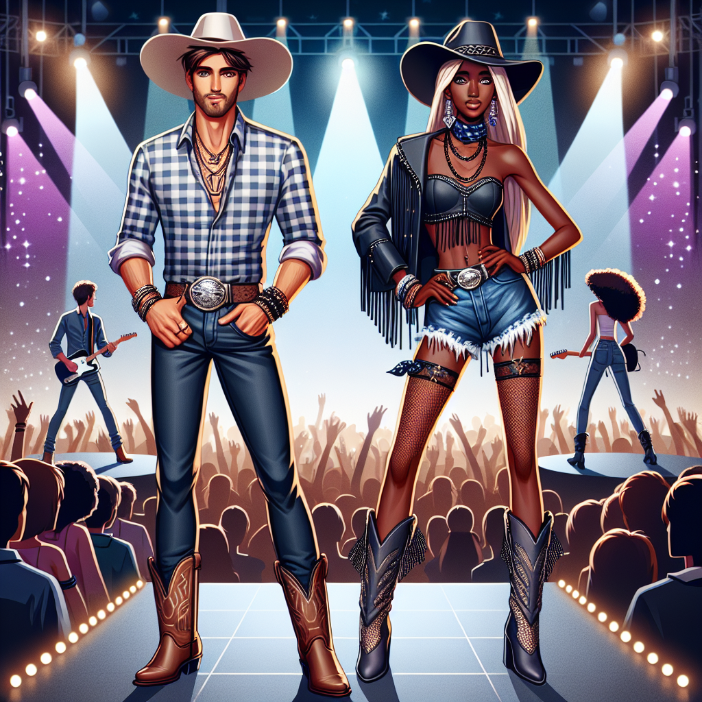 Create an image of a country-style concert atmosphere featuring two characters. The first character is a Caucasian male dressed in trendy country style clothing, embracing a modern cowboy look with a checkered shirt, dark blue jeans, boots, and a wide-brimmed hat. To his side is a Black woman, displaying her unique fashion sense with her distinct country-style attire incorporating an edgy twist: a fringe top, denim shorts, and cowboy boots, accessorized with stylish layered necklaces and a matching bandana tied around her wrist. A sea of adoring fans and bright stage lights set the backdrop.
