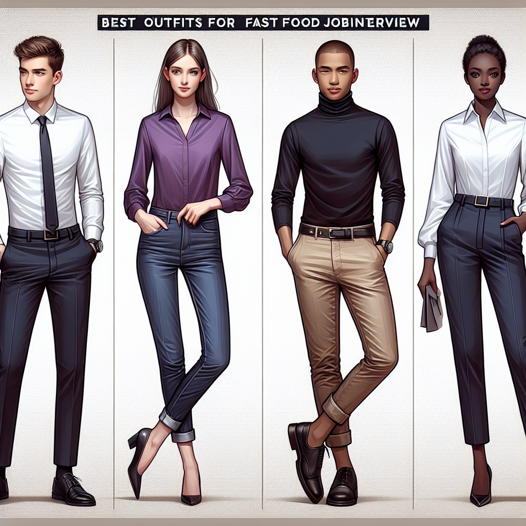 Fashion Guide: Best Outfits for Fast Food Interviews! Create an image of a dynamic fashion guide showcasing best outfits for fast food job interviews. There are four people arranged in a grid layout. The first individual, a Caucasian male, is wearing a clean, crisp white shirt tucked into smart black trousers. The second, a Hispanic woman, is outfitted in a tasteful purple blouse and dark denim jeans. Adorned in a stylish black turtleneck and khaki chinos, the third person, an Asian male, stands confidently. The first row concludes with a Black woman presenting a casual yet professional look in a blue shirt dress. Each individual conveys a sense of preparedness and professionalism.