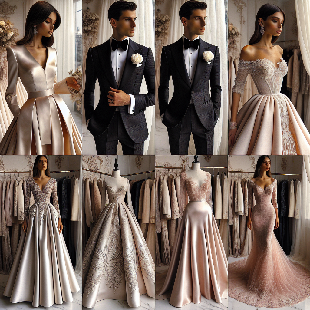 Stunning Outfits for Catholic Weddings: Effortless Elegance An assortment of elegant outfits suitable for a Catholic wedding. There is a mesmerizing array of garments, including a graceful knee-length dress in soft, creamy satin worn by a Hispanic woman, and a sleek black tailored tuxedo, adorned with a single white rose boutonnière, worn by a Caucasian man. Additionally, visualize a gorgeous, flowing, floor-length gown in blush pink with intricate lace details worn by a South Asian woman and a refined navy blue suit with a clean white pocket square, worn by a Middle-Eastern man. The setting is a tastefully decorated boutique, hinting at effortless elegance and classic style.