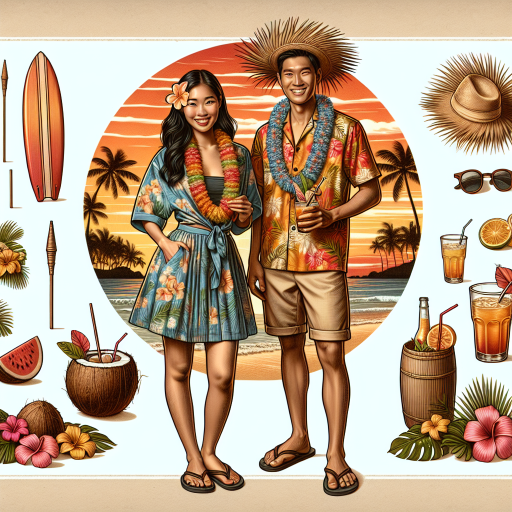 Exclusive Guide: What to Wear to a Hawaiian Party Visualize an image that perfectly embodies the theme of a Hawaiian party. Front and center, depict a Hispanic woman smiling, wearing a multicolored Hawaiian garland known as a lei around her neck, a tropical print Hawaiian dress, and holding a tropical drink in a coconut shell. Beside her, show an Asian man in an open button-down shirt with bold floral prints, khaki shorts, straw hat, and flip-flops, also holding a Hawaiian-themed cocktail. In the background, include various island-themed decorations, such as a bamboo torch, a surfboard, and palm tree silhouettes against a beautiful, fading sunset.