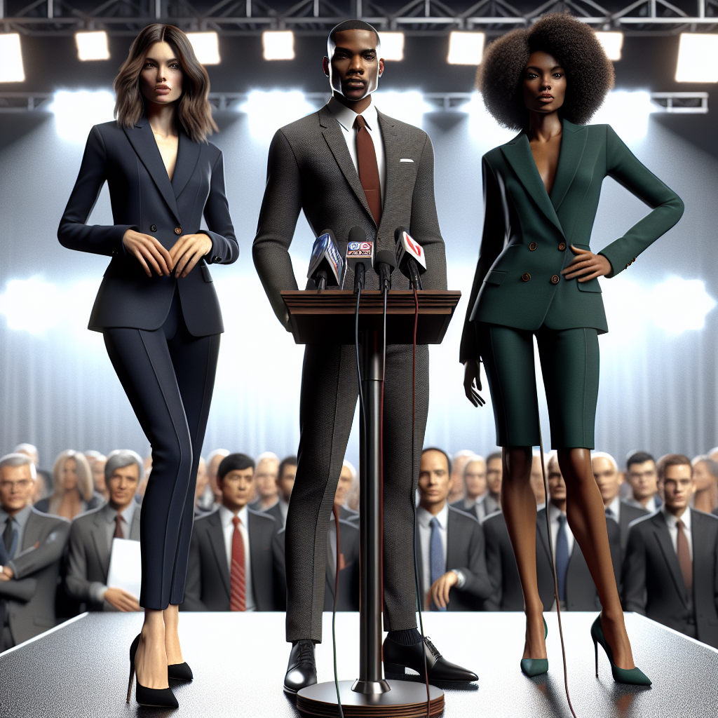 Visualize an inclusive and dynamic scene of three professionally dressed individuals at a press conference. The first person, a Caucasian woman, is wearing a sharp navy blue pantsuit and black heels. The second person, a Black man, is in a well-tailored grey suit with a subtle red tie. Lastly, a Hispanic woman is donning a custom-fitted emerald green dress with matching stilettos. Their expressions convey confidence and poise. Backdrop consists of a podium with microphones, bright lights, and a crowd of journalists eager for the conference to begin.