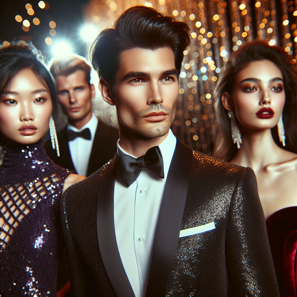 Imagine a glamorous scene at a high-end gala event. The focus is on a diverse group of individuals who radiate effortless elegance. An Asian woman in a high-necked, sequined navy dress with her black hair styled in a sleek updo. A Caucasian man, sharply dressed in a charcoal gray tuxedo, with his caramel hair combed perfectly. A Middle Eastern woman dressed in a regal wine-red velvet gown with her brunette hair cascading down in loose waves. Each person&rsquo;s style is unique, yet they all manage to look stunning and effortlessly chic. The atmosphere around them sparkles with vibrancy, glam, and sophistication.
