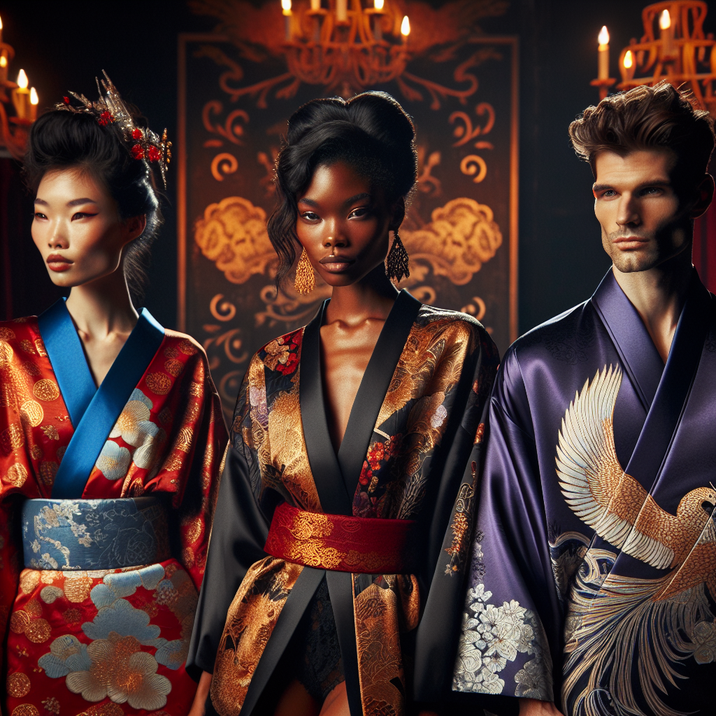 Create a visually captivating scene featuring a variety of Japanese kimono styles ideal for a burlesque performance. Picture three models showcasing these distinctive outfits. One model, an Asian woman, is wearing a fiery red kimono with intricate golden patterns. Another model, a black woman with her hair in an elegant updo, is adorned in a deep purple kimono with silver floral motifs. Lastly, a Caucasian man wearing a midnight blue kimono with an elaborate phoenix design in white and gold. They are on a dimly lit stage adorned with vintage motifs, reflecting the traditional essence of burlesque.