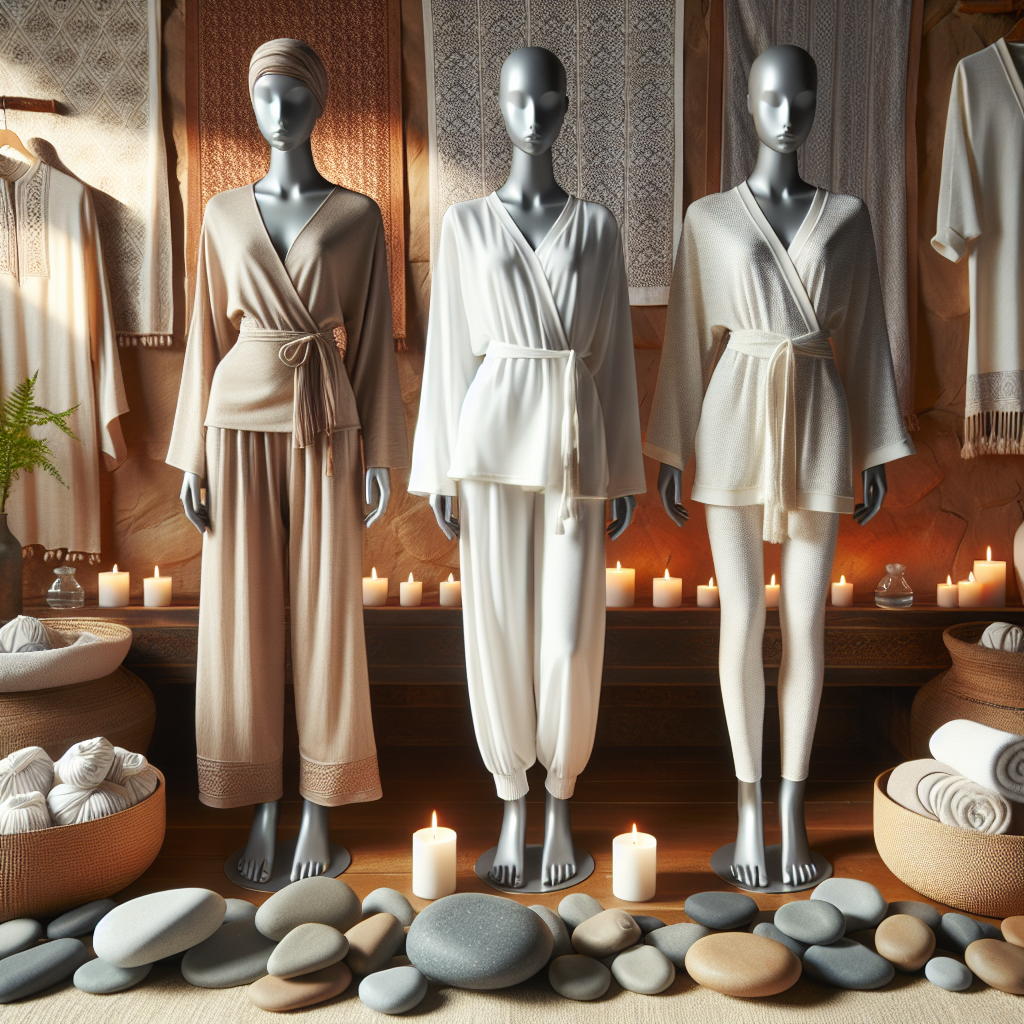Discover Stunning Outfits for Your Next Massage Visualize a serene wellness center filled with calming elements such as smooth river stones, aromatic candles, and plush towels. In the foreground, showcase an array of stylish outfit options. Include a neutral colored flowing pants and tunic set for an Asian-inspired look, a breathable white cotton robe for a classic spa style, and a comfortable, stretchable yoga outfit. Each outfit is displayed on a mannequin of different descents - Middle Eastern, South Asian, and Hispanic.