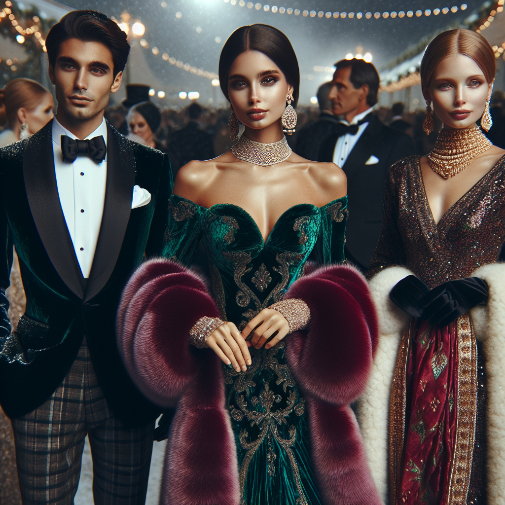 A lavish winter gala scene with various attendees. Focus on three individuals showcasing their stunning cold-weather gala outfits. The first individual, a Caucasian woman, is wearing an opulent, velvet, emerald green evening gown with a bubble sleeved fur shrug. The second individual, a Middle-Eastern man, is dressed in a black velvet tuxedo with a white silk pocket square, complemented by a plush purple cashmere scarf. The third person, a South Asian woman, is adorned in a ruby red silk sari with a gold sequined shawl draped over her shoulders. All are radiating elegance and warmth amid the chilly surroundings, setting the scene for an elaborate winter gala.
