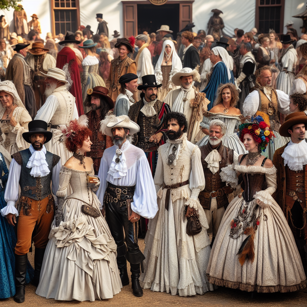 Renaissance Fair Style: Effortless, Must-Have Looks An eclectic blend of clothing styles from the Renaissance era at a Renaissance Fair. Visualize men and women of diverse descents including Caucasian, Black, Middle-Eastern, and South Asian. Picture the men in billowing white shirts, long coats, and breeches, with a feathered hat or leather cap to top off the look. Women wearing voluminous gowns with corsets, layered with richly textured fabrics, and adorned with intricate jewelry. People are interacting jovially, creating a vibrant scene of a bustling fair. The atmosphere is filled with a palpable excitement and a sense of adventure and discovery.