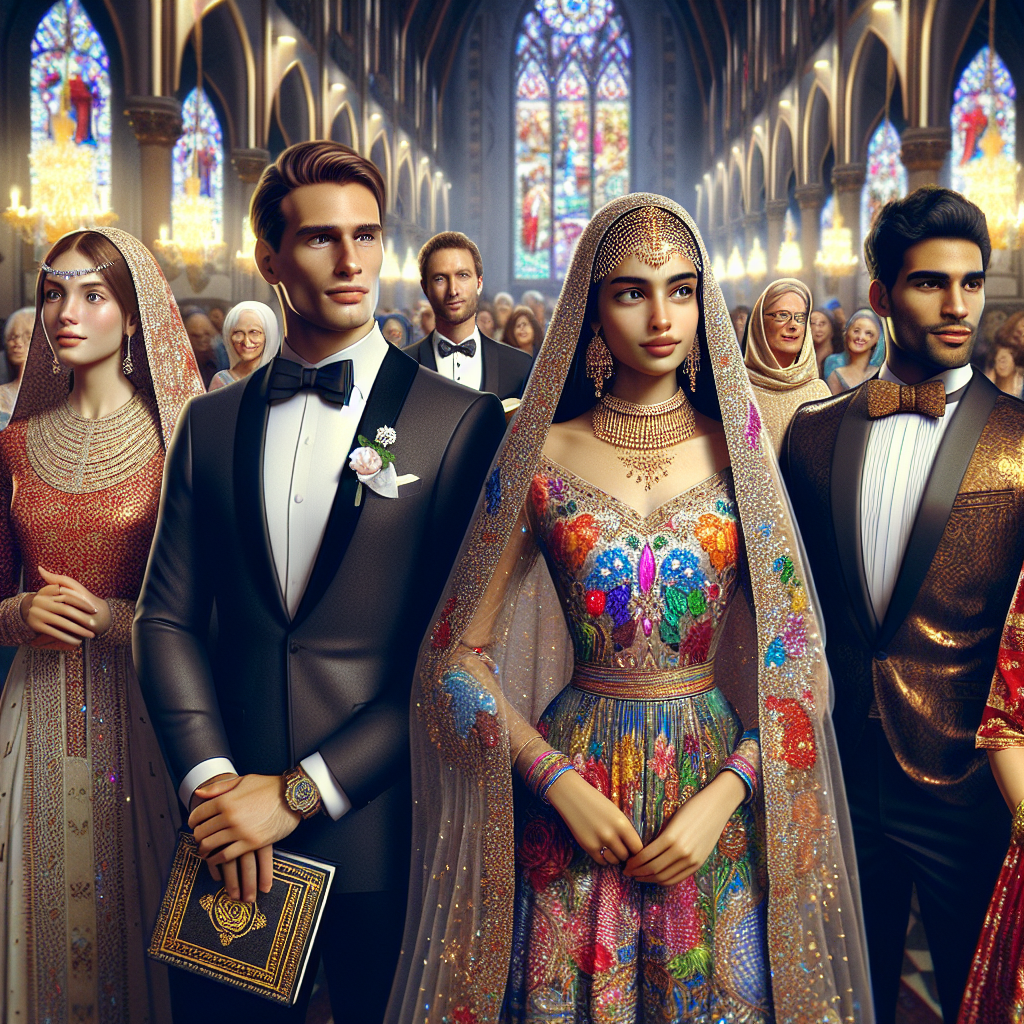 Visualize a festive scene from a church celebration where people from different backgrounds are showing off their stunning outfits. Envision a Middle-Eastern woman in an elegant, traditional dress, holding a prayer book. Nearby, a Caucasian man is donning a composed formal suit with a radiant tie. A South Asian girl can be seen wearing a vibrant, intricately embellished attire, and a Black man is wearing a classy outfit, bow-tie and all. The inside of the church is decorated beautifully, and the stained glass windows cast a colorful light on everyone, enhancing the splendor of their costumes.