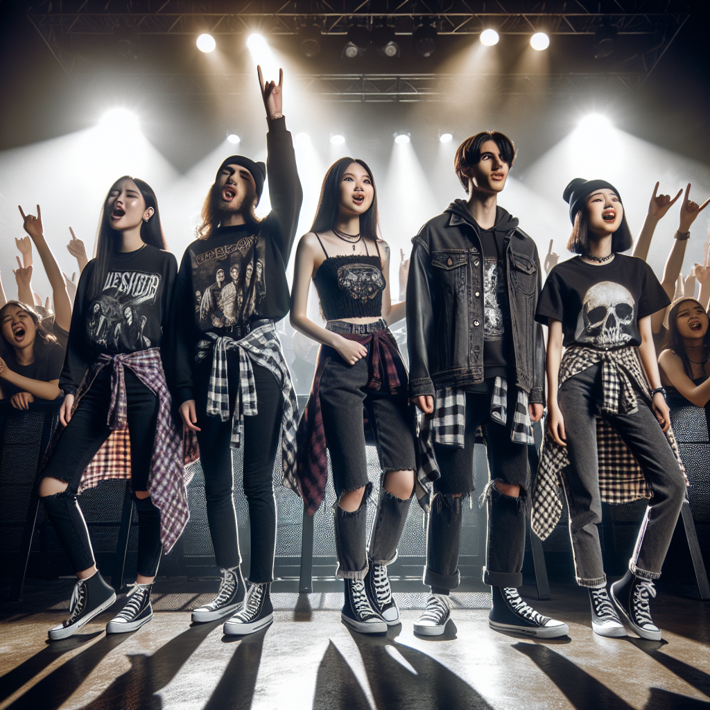 Envision a vibrant scene at a rock concert, filled with spirited fans. A group of four East Asian women donned in black skinny jeans, band tees, flannel overshirts, and dark-colored beanies. Likewise, a couple of Middle Eastern men in dark leather jackets, graphic tees, and black denim, passionately singing along. Additionally, show a Caucasian man and a South Asian woman wearing distressed denim jackets and converse, waving their hands in unison. Ensure the audience's attires reflect the band's alternative rock aesthetic. Use a mixture of bright and shadowy illumination to replicate the concert atmosphere.