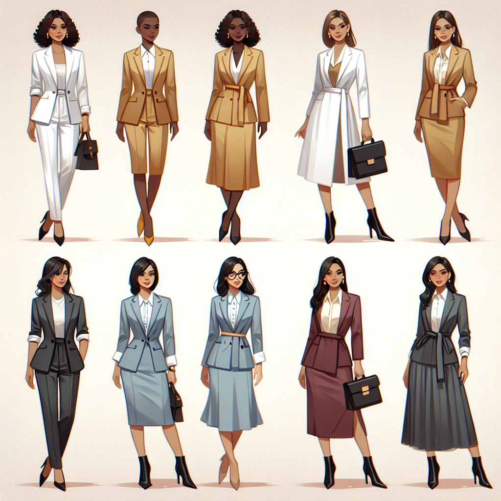 Stunning Outfits for Female Real Estate Agents An array of outstanding outfit choices for female real estate agents, designed to exude confidence and professionalism. Visualize four or five stylish business attire options, suitable for various environments and seasons. Include a Caucasian woman in a crisp, white blazer and black slacks, a Black woman in a mustard-yellow sheath dress, a Hispanic woman wearing a pastel blue pantsuit, a Middle-Eastern woman with a sleek burgundy midi skirt and cream blouse, and a South Asian woman in a charcoal grey dress suit. These examples should highlight the diverse, impeccable style of women in real estate.
