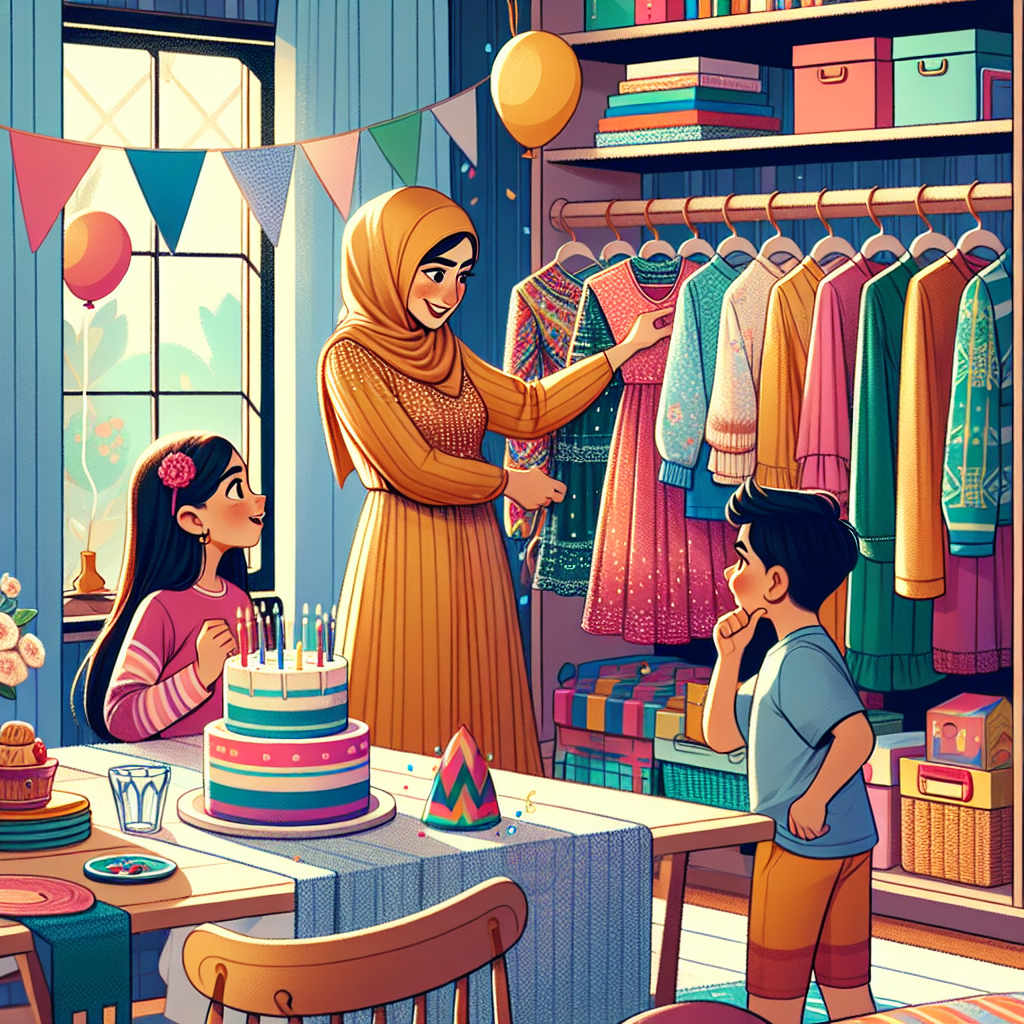 A visual representation of a Middle-Eastern woman, emphasizing the role of a caring mother, selecting colorful and trendy clothes from a wardrobe for her kids. The outfits are suitable for a birthday party, they are playful, easy to wear, yet stylish. The kids, a South-Asian girl and a Caucasian boy, are excited and checking out the clothes with eyes full of wonder. They stand by a dining table filled with a brightly decorated birthday cake, balloons, and other festive elements, in an atmosphere brimming with joy and anticipation. The story is set in an inviting, cozy, and well-lit home.