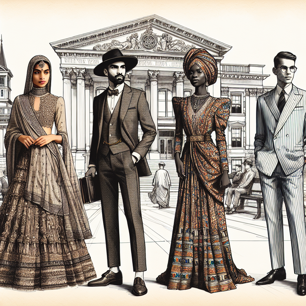 Picture a historic courthouse from the early 1900s as the backdrop. In this scene, showcase the diversity of the modern world. Delineate a South Asian woman, attired in an intricately adorned lehenga, offering an interpretation of formal wear. Equally well dressed, sketch a Middle-Eastern man by her side, his attire reflecting a fusion of contemporary Western and traditional Middle Eastern styles, with a well-tailored suit paired with a kufi. Include a Black woman dressed in a Luxe African-inspired print dress, carrying a complementary headpiece. Lastly, depict a Caucasian man in an unconventional, stylish suit, perhaps pinstriped in pastel hues and a matching fedora.