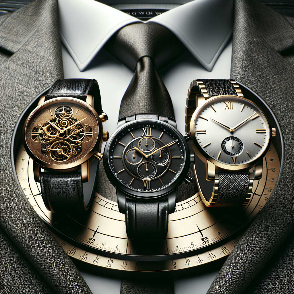 Visualize a still life perspective of three luxury watches with intricate designs preferred by fashion aficionados, each resting on a counterclockwise arc. From the left, the first is a vintage metallic bronze watch with an old-world charm, the second in the center is a sleek modern watch with a matte black case and dial, and the third on the right is a classic white gold watch with Roman numerals. Behind them is a perfectly ironed charcoal grey gentleman's suit with a silk tie, representing a sophisticated backdrop to these essential fashion icons.