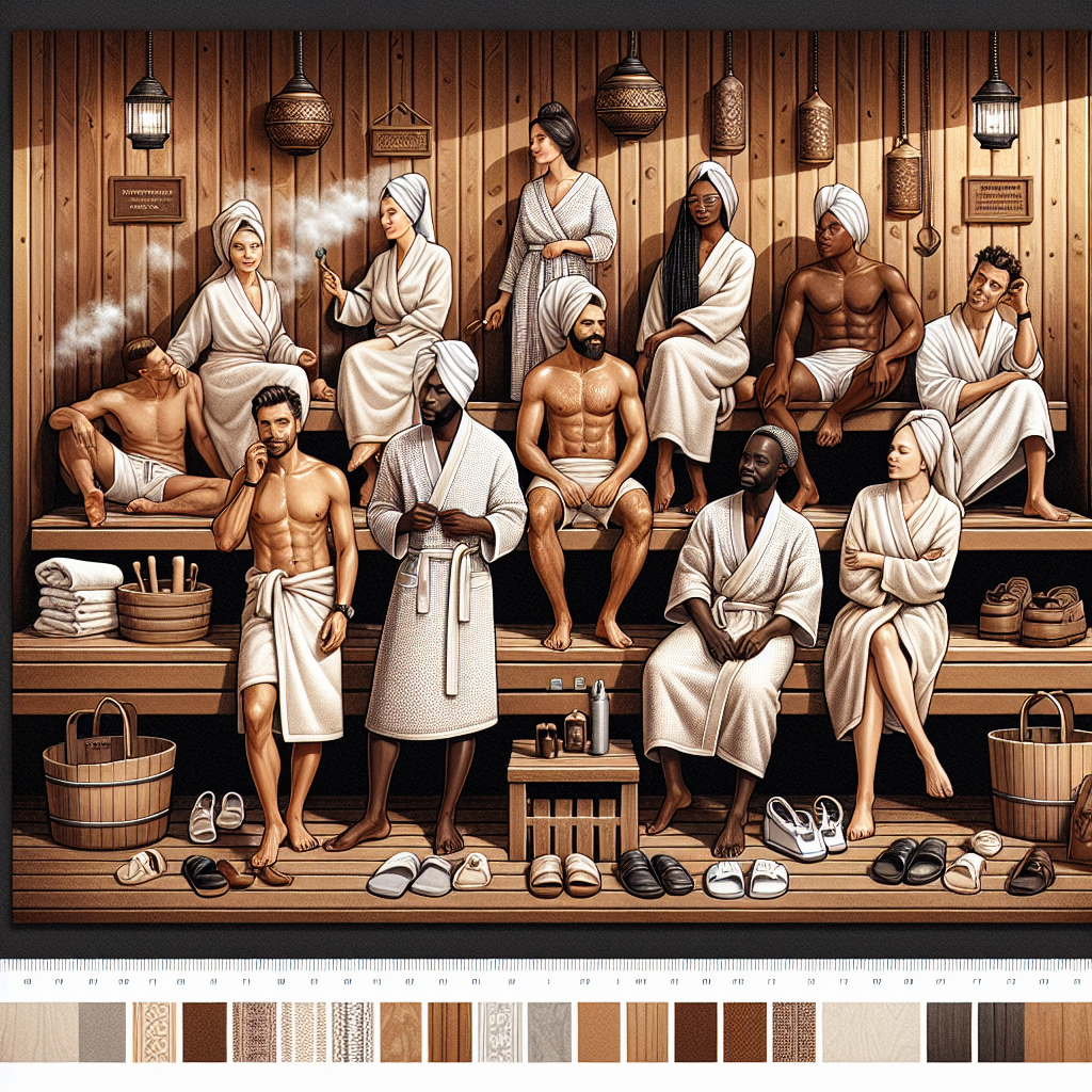 Sauna Dress Code: Effortless Tips to Stay Chic An elegantly crafted illustration depicting a relaxed setting inside a traditional wooden sauna. The image features a diverse group of individuals of Caucasian, Hispanic, Black, Middle-Eastern, and South Asian descent, both male and female. They are depicted adhering to sauna dress codes, from simple sauna robes to lightweight towels. The people are casually engaging in conversations, the environment exuding tranquility. The steam is subtly depicted, beautifully contrasting with the warm, rich wood. Accessories like stylish shower caps, sandals, and chic water bottles are subtly arrayed around the space. Finally, a fitting quote about wellness and relaxation is subtly engraved on the wooden wall.