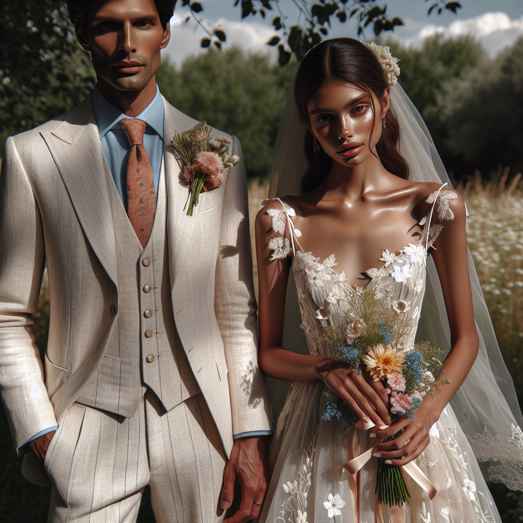Stunning Summer Wedding Attire: Find Your Perfect Fit Imagine an outdoor summer wedding scene. The groom, a tall South Asian man, is clad in a sophisticated cream linen suit, complemented with a light blue cotton shirt and brown leather shoes. He ties his ensemble together with a soft coral tie - a nod to the vibrance of summer. The bride, a petite Hispanic woman, graces the scene in a chic A-line wedding dress with floral lace embellishments. Her attire is set off with a pair of white satin stilettos and a bunch of fresh wildflowers. Together they illuminate their surroundings, truly encapsulating the spirit of a summer wedding.