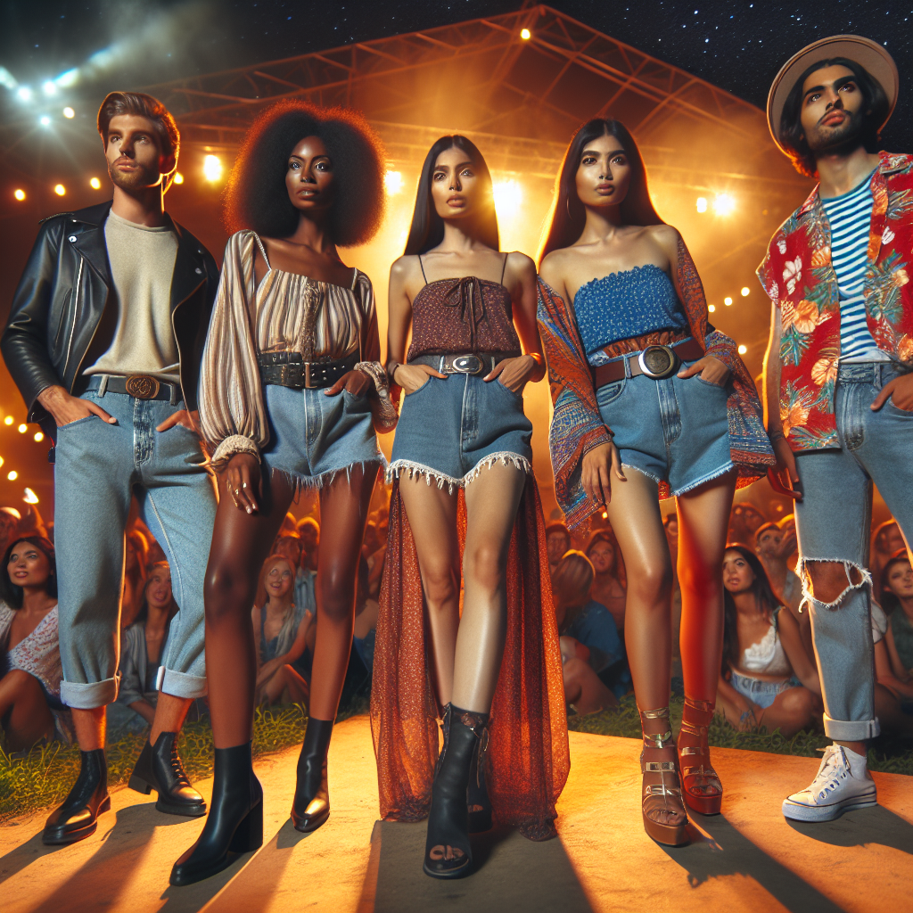 Must-Watch Styles: What to Wear to a John Legend Concert Envision an outdoor summer concert scene where an enthusiastic crowd gathers. Highlight a fashionable audience sporting stylish attire suitable for an energetic musical night. A group of friends can be seen in the front - a Black woman wearing a Boho maxi dress, a Caucasian man in a sleek leather jacket, a South Asian woman sporting high-waisted jean shorts, and a Middle-Eastern man in a vibrant Hawaiian shirt. Captivate the lively atmosphere with warm, colorful stage lighting reflecting off their outfits, under the star-filled night sky.