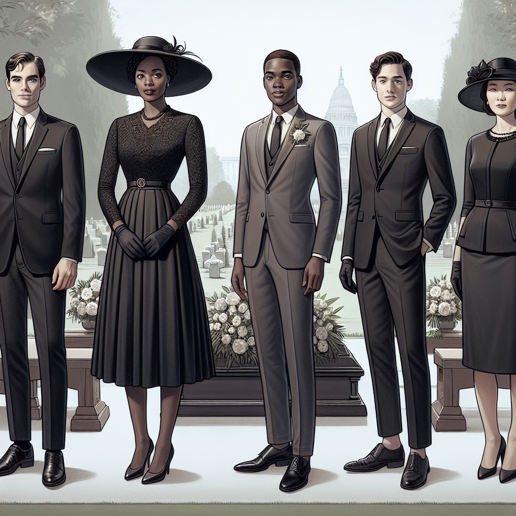 A visual guide showing appropriate attire for a burial. The image features a selection of dignified outfits suitable for a solemn occasion. There are four individuals prominently featured: a Caucasian man wearing a traditional black suit, white shirt and black tie, a black woman wearing an elegant black dress with a matching hat, a Hispanic man in a smart charcoal grey suit with a matching tie, and an Asian woman in a tailored black skirt suit with a silk blouse. The backdrop is a serene, respectfully decorated garden setting.