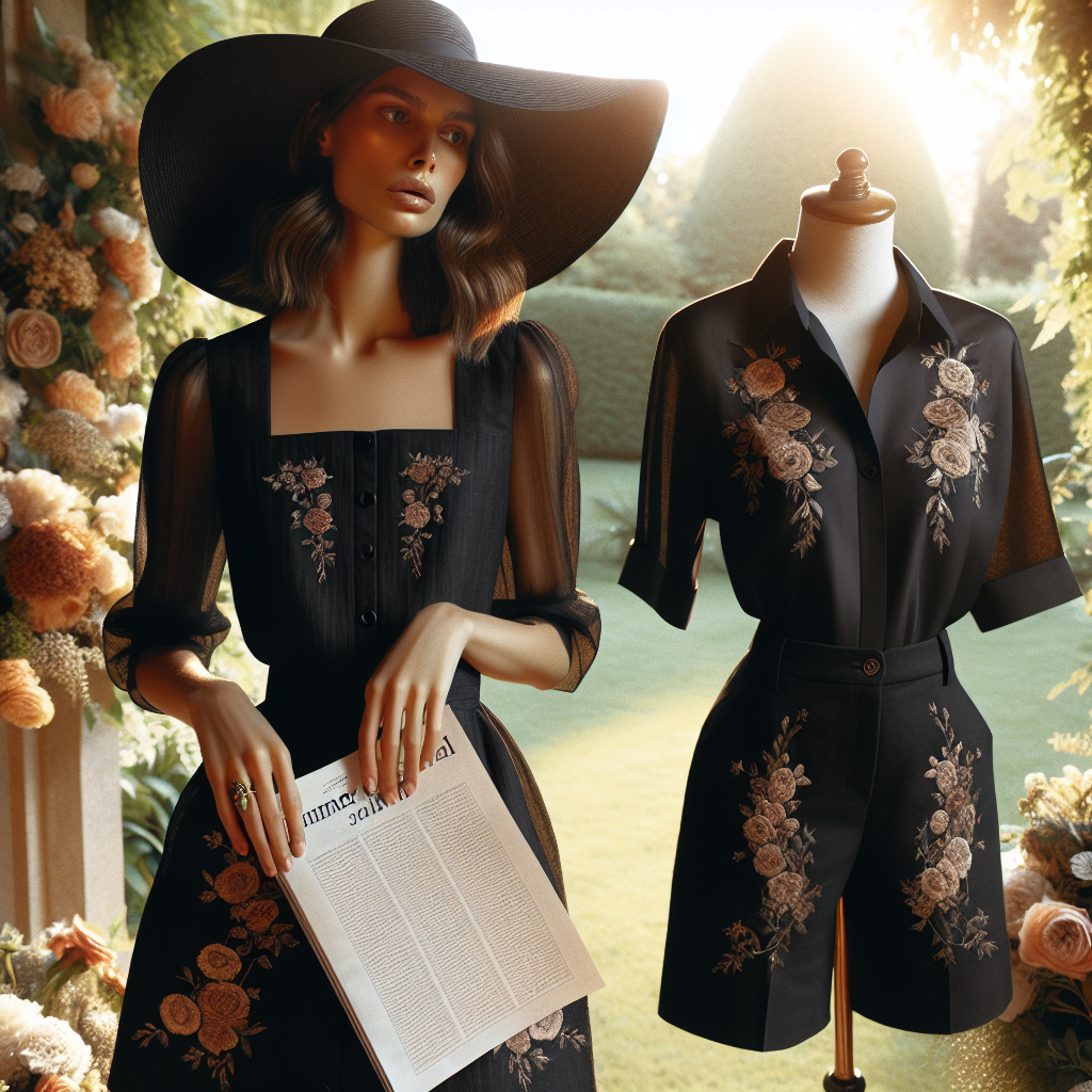 Visualize an article cover featuring summer funeral attire. Focus on an elegant, black linen dress adorned with subtle floral embroidery, paired with a floppy black sunhat for a woman of South Asian descent. Also, depict a black cotton short-sleeve button-down shirt, paired with black formal shorts and a fedora for a Caucasian man. Add a serene, tastefully decorated, sunlit garden in the background to give a warm yet respectful vibe. Ensure a balance between the solemn occasion and the vibrant summer season.