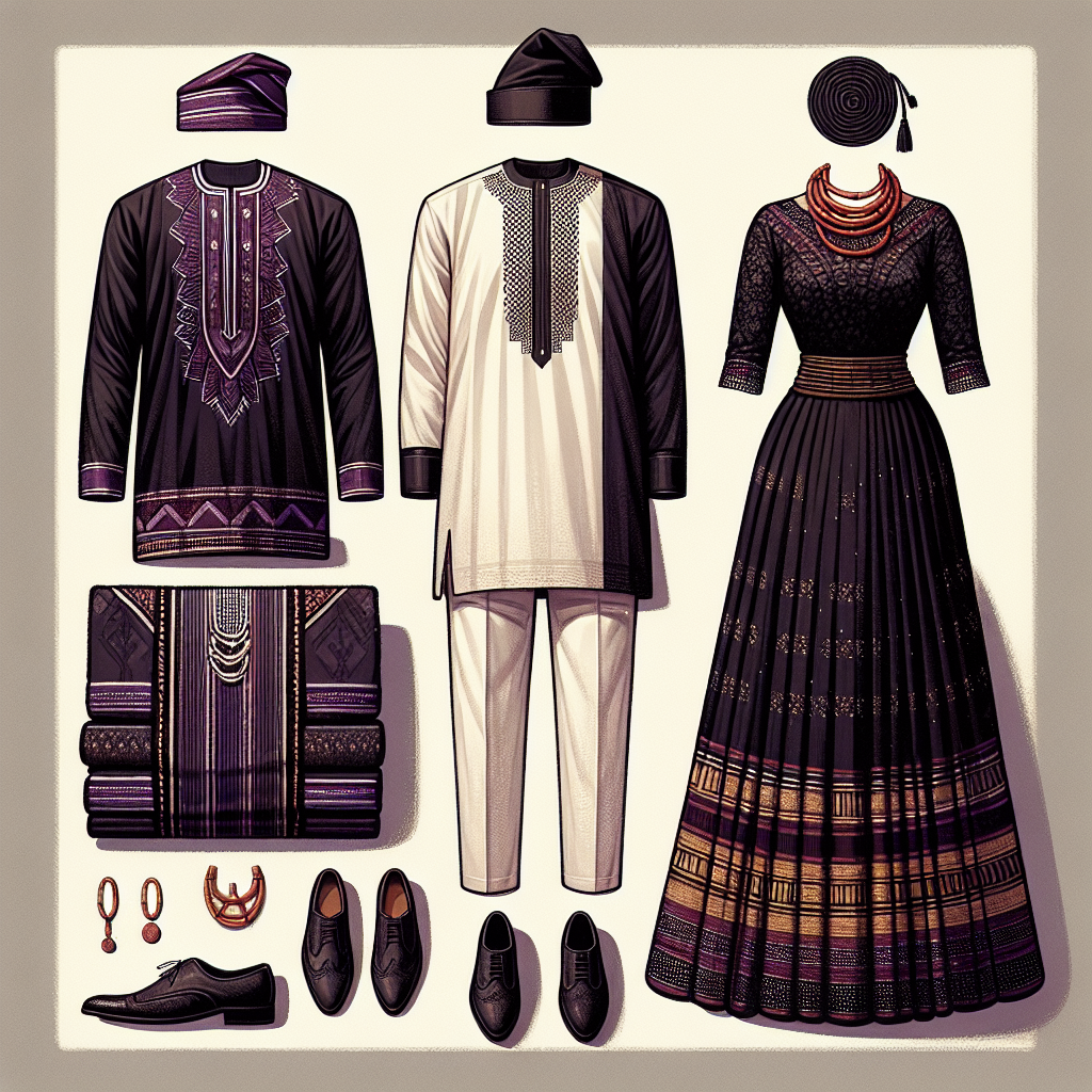 What to Wear to a Nigerian Funeral: Exclusive Guide An illustrative guide on traditional Nigerian funeral attires. This scene features neatly arranged clothing articles; one for a Black man, another for a Black woman. The man's attire includes a dashiki in rich, somber tones of black and deep purples, worn over white trousers. A traditional Yoruba hat named 'Fila' in black. The woman's outfit includes an 'Iro and Buba' - usually a long, wrap skirt and loose blouse made from identical token fabrics in respectful, muted colors. Both outfits accompanied by traditional yet understated jewelry and shoes.