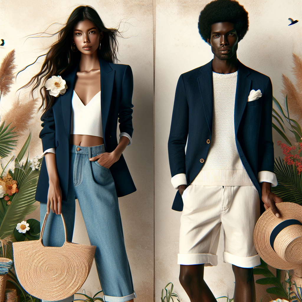 Envision a sunny day with a gentle breeze. A Hispanic woman is standing outdoors, wearing a stylish navy blazer paired with a bright, sleeveless, white top, and light-blue cropped jeans. She's wearing white canvas shoes and holding a woven raffia tote bag. An African man is sporting the same navy blazer but complemented by a white linen shirt, khaki shorts, and loafers. He's holding a straw fedora. Botanical elements like palm trees and vibrant flowers surround them. The scene reflects the light-hearted, lively vibe of summer, with a focus on their matching naval blazer outfits.
