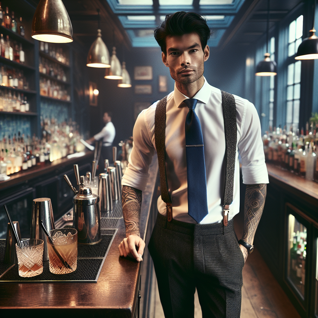 Bartending Interview Attire: Must-Have Looks for Success Imagine a bustling, atmospheric urban cocktail bar with a refined vintage ambience. Behind the polished mahogany bar stands a South Asian male bartender dressed impeccably for an interview. He's wearing a clean, sharply tailored white shirt with rolled-up sleeves revealing intricate tattoos, a slim royal blue tie, smart black trousers, and shiny well-polished shoes. Hanging on a nearby hook is his tweed patterned vest. On the bar, there's a smoky old-fashioned cocktail ready to serve. He has a confident demeanor and clearly takes pride in his role, showing the importance of professional attire in bartending interviews.