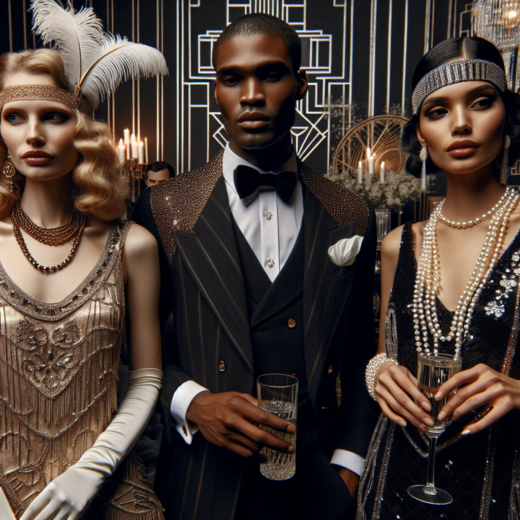 Visualize a scene of a glamorous party themed around the 1920s era, often referred to as the 'Roaring Twenties'. Featured are party-goers wearing stunning vintage outfits that reflect the Gatsby-style elegance and opulence. Focus on three individuals: a Caucasian woman in a beaded flapper dress with a feathered headband, a Black man wearing a sharp double-breasted suit with a pocket watch, and a Hispanic woman donning a sequined dress and long pearl necklace. Include intricate art deco designs and d&eacute;cor, and a lively atmosphere filled with sophistication and allure.
