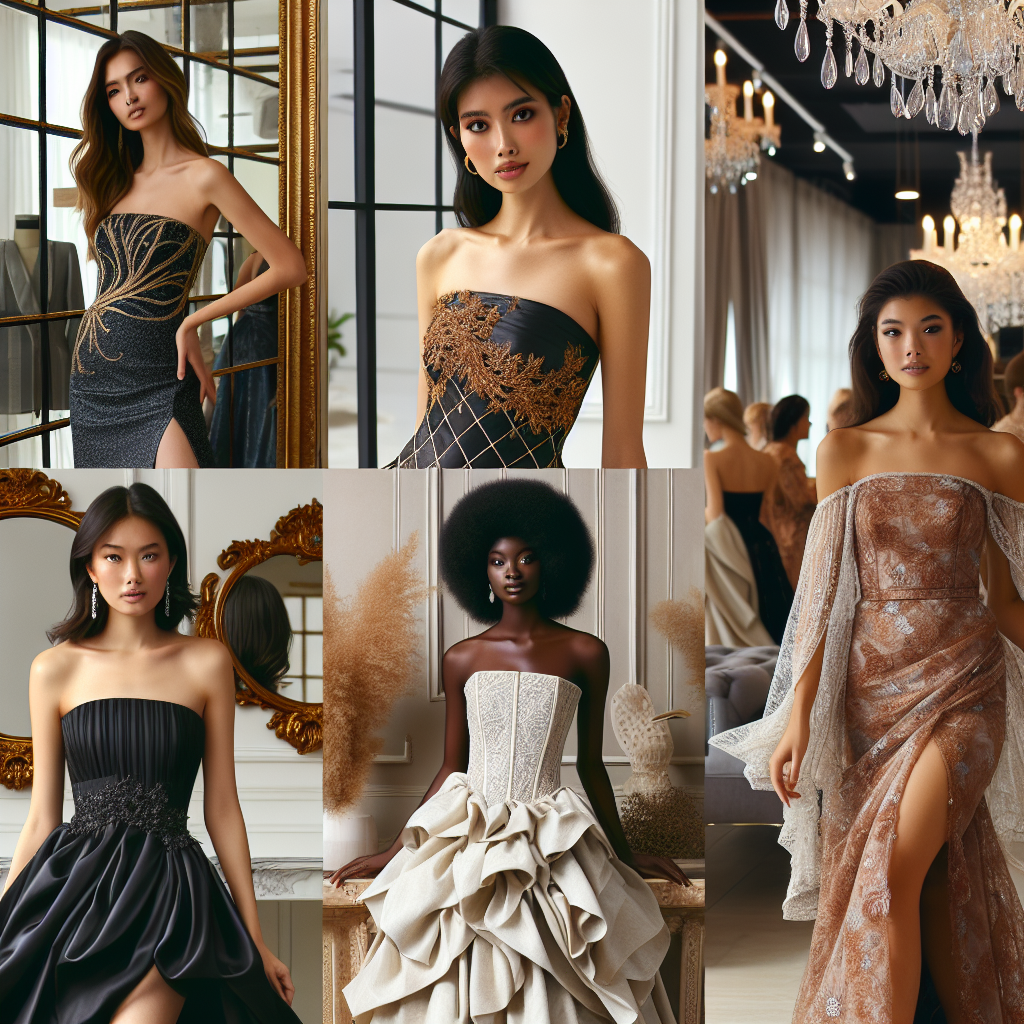 An image showcasing a diverse range of stunning styles for strapless dresses. Display a Middle Eastern woman in a sleek, modern gown with intricate gold detailing. Next to her, let there be an Asian woman sporting a vintage-inspired strapless dress with ruffles. Furthermore, include a Black woman in a strapless boho-chic dress adorned with intricate lace. All their outfits exude individuality and charm. They pose confidently in a chic boutique setting with mirrors, chandeliers, and elegantly-dressed mannequins in the background to provide context for their styles.