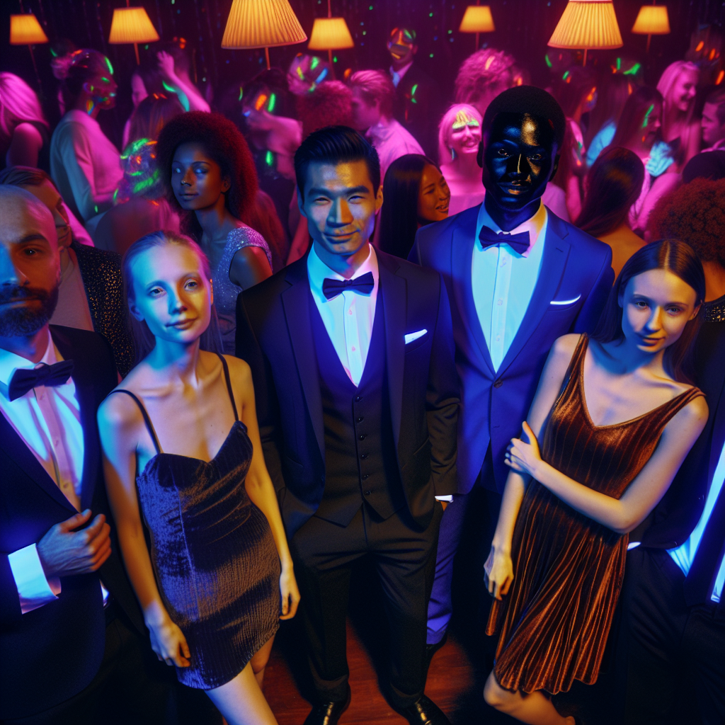 Imagine a bustling party under black lights. In the center of this vibrant party, imagine a group of five people - a Caucasian man, a South Asian woman, a Hispanic man, a Black woman, and a Middle-Eastern woman. They are all misjudged their outfits for the black light party. They are wearing clothes that absorb the black light instead of reflecting it. Perhaps some are in dark suits, some in navy blue garments, and some in brown attire. The South Asian woman, for example, can be seen wearing a brown velvet dress, while the Caucasian man is in a black tuxedo. People around them glow under the UV light, their clothes decorated in neon paint or white, contrasting starkly with the group's dull colors. The atmosphere is lively, full of music and laughter, but an aura of awkwardness surrounds the group.