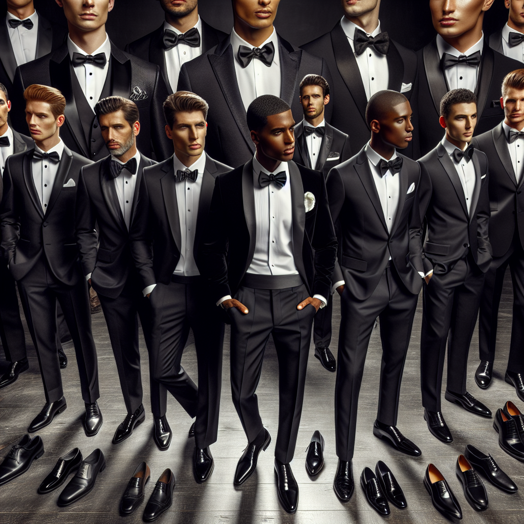 Black Tie Wedding: Discover Stunning Men's Attire Picture a formal black tie event centered around a wedding. The scene portrays a group of men, each depicting a different descent such as Caucasian, Hispanic, Middle-Eastern, South Asian, and Black, primed in their exquisite tuxedos. The tuxedos differ in minor details, showcasing a range of options within the black tie dress code. Some have satin lapels, others feature chic bowties. Complementary accessories like cufflinks, pocket squares, shiny black shoes fill the scene. They all exude a powerful aura, reflecting the elegance and prestige of a black tie wedding.