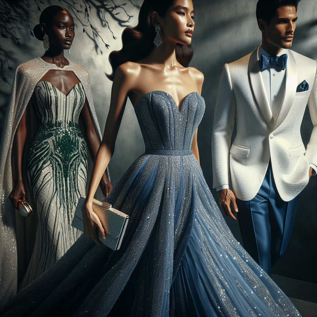 A fashion showcase portraying sophisticated cruise ship formal night attire. In the center, a South Asian woman elegantly dressed in a flowing royal blue gown, adorned with glistening silvery sequins, holding a silver clutch. To her right, a Middle-Eastern man dressed in a polished white tuxedo, his demeanour radiating effortless elegance, showcasing a silver pocket watch. To her left, a Black woman wearing a posh emerald green dress, detailed with golden sequin patterns, clutching a golden handbag. The scene is completed with a soft romantic lighting that enhances the glamour of the garments.