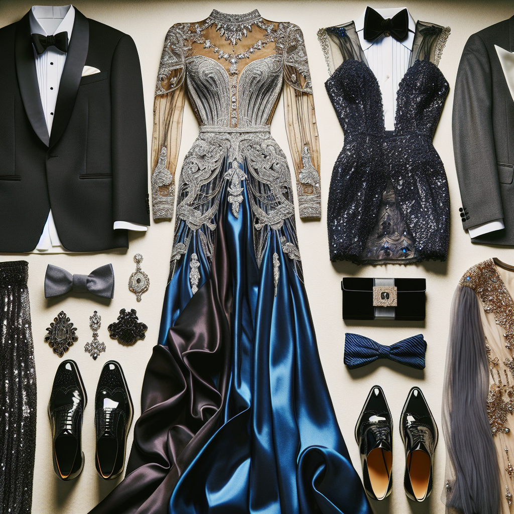 An array of stunning attire is laid out in preparation for a night at the symphony. A bespoke tuxedo, well-polished black shoes, and a crisp, white dress shirt accented with a silk bow tie for an elegant Asian man. For a chic Black woman, a floor-length, royal blue silk gown with statement silver jewelry. For a fashionable Middle-Eastern woman, an opulent, cocktail dress lavished with sequins and paired with peep-toe high heels. For a stylish Caucasian man, a dapper three-piece suit in charcoal grey, accented with a pocket square and patent oxfords.