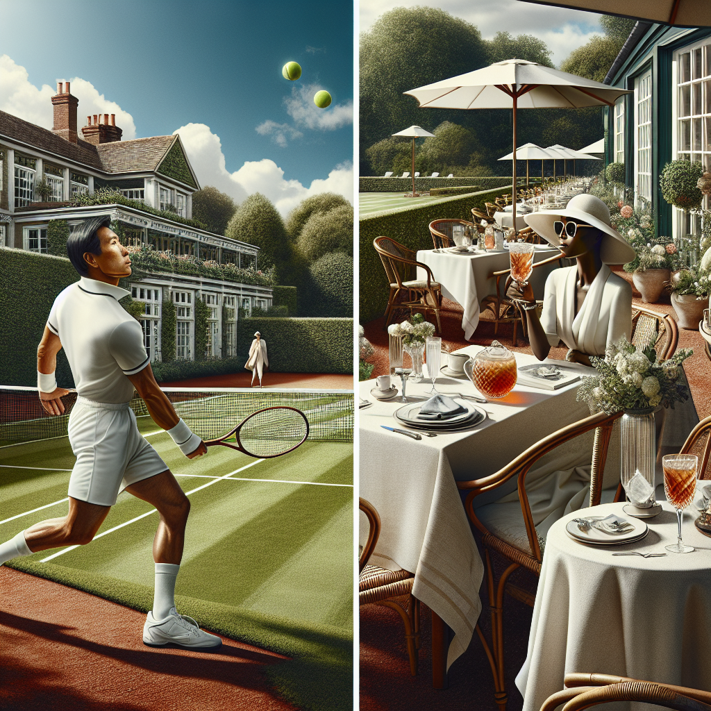 Detail a serene country club setting at midday, enclosed by lush greenery and a brilliant blue sky. At the centerpiece, a stylish tennis court replete with wooden benches around it. Show a middle-aged Asian man in tennis whites, aiming to strike the ball, exhibiting confidence and charm. Near the club, depict a chic outdoor cafe with tables adorned by linen cloths, silverware, and crystal glasses, looking inviting. Include a young Black woman comfortably seated, sipping iced tea, wearing an elegant white sundress, hat, and oversized sunglasses. The overall look should ooze class, understated luxury, and sophisticated charm.