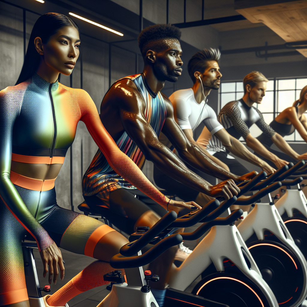 Stunning Cycling Class Outfits: Effortless Style Unveiled A dynamic scene taking place in a high-end, modern cycling studio. There are four people positioned on top-of-the-line cycling machines, each engrossed in the workout and demonstrating the power of sweat. The person in the foreground is a South Asian woman dressed in a vibrant, moisture-wicking outfit, her firm grip on the handlebars. To her side is a Black man wearing a designer, form-fitting cycling outfit, focusing intently on his digital screen. In the back, there is an athletic Hispanic woman in a neon, quick drying cycling suit, and a white man with determination in his eyes, donned in a sleek, classic black and white outfit. All outfits represent effortless style and practicality, signifying the perfect balance between fashion and fitness.