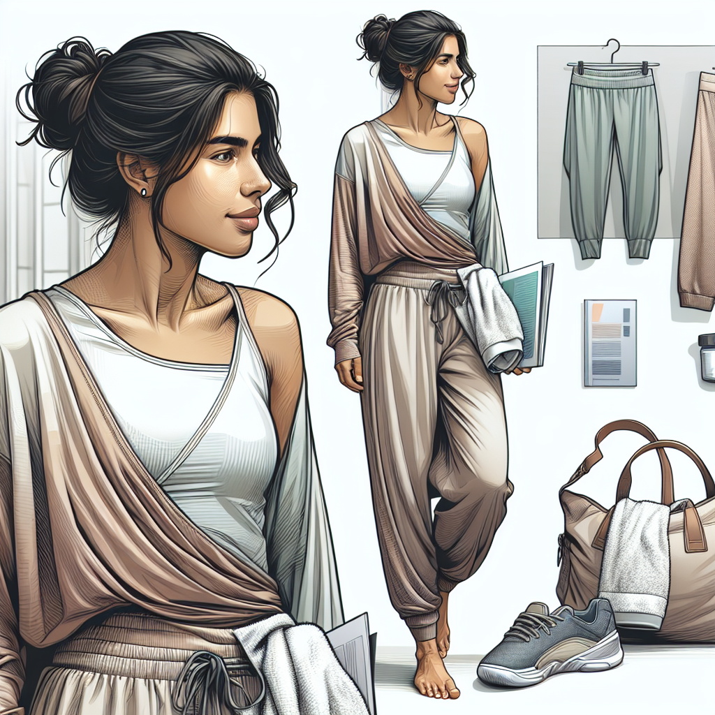 A detailed and colorful image showing a South Asian woman in her 30s wearing a stylish yet comfortable clothing suitable for a chiropractic appointment. She has a relaxed and confident stature. She is wearing loose fitting yoga pants, and a lightweight, long-sleeve top. Her ensemble is paired with comfortable, easy to remove shoes. There's a small, over the shoulder bag containing a book, water bottle, and a folded towel. Image also features a minimalist background with the interior of a modern chiropractic office, to provide context.