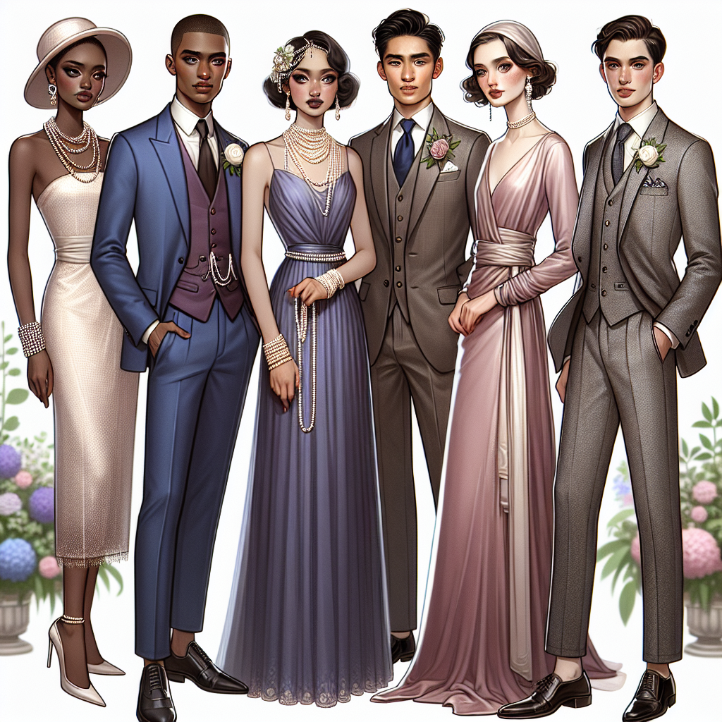 Create an image of a diverse group of people, all respectfully dressed for a wedding in 2025. Group includes a black woman wearing a classy knee-length pastel dress with exquisite pearl accessories, an Asian man elegantly dressed in a royal blue suit with a white pocket square, a Middle-Eastern woman adorned in a svelte velvet gown with tastefully minimal accessories, and a Caucasian man wearing a sleek grey three-piece suit with a rose boutonniere. Timeless elegance should be the theme of the illustration with all characters poised in a lush garden setting, typical of wedding venues.