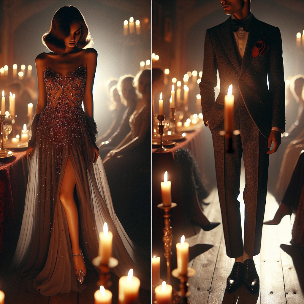 Imagine a candlelit scene where two individuals are attending a concert. The first person, a South Asian woman, exudes effortless elegance in a flowing chiffon gown, embellished with intricate beadwork reflecting in the warm glow of the candlelight. The second person is a Caucasian man, dressed impeccably in a tailored charcoal grey suit, accented with a crimson pocket square and a pair of polished leather shoes. The setting should be intimate, atmospheric, and filled with soft light. There should be beautifully dressed attendees in the background, their silhouettes whispering of the elegant dress code of the event.