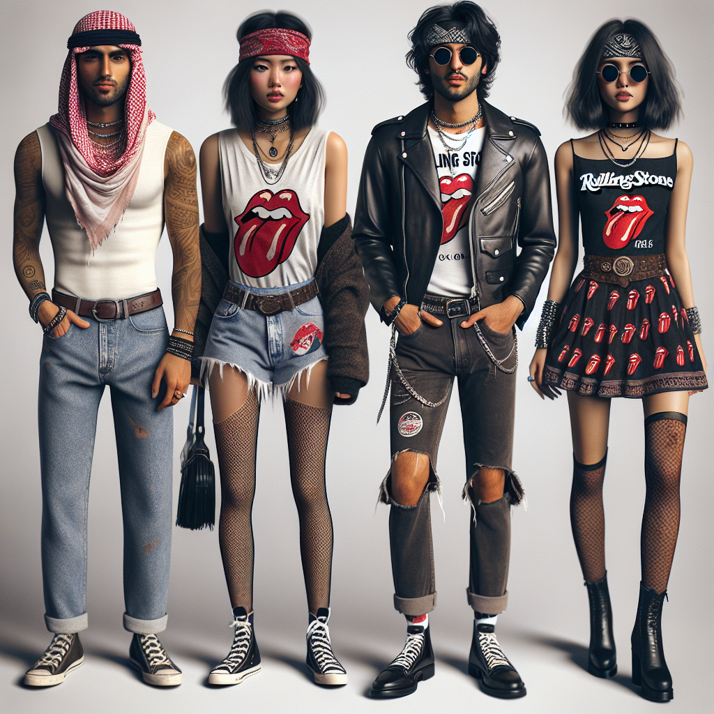 Imagine you're heading to a timeless rock concert. Picture a group of concert-goers dressed in outfits perfect for such an event. The first, a Middle-Eastern male, is donning a classic white muscle tee coupled with faded blue jeans and a black bandana around his forehead. Another, an Asian female, rocks a traditional black leather jacket over a bright red tank top, her ripped denim shorts showing her rebellious spirit. Then, there's a Caucasian man sporting a retro band t-shirt, black skinny jeans, and a chain necklace. Finally, a South Asian woman is seen wearing a cool short dress with vintage rolling stone imprints, making her stand out in the crowd.