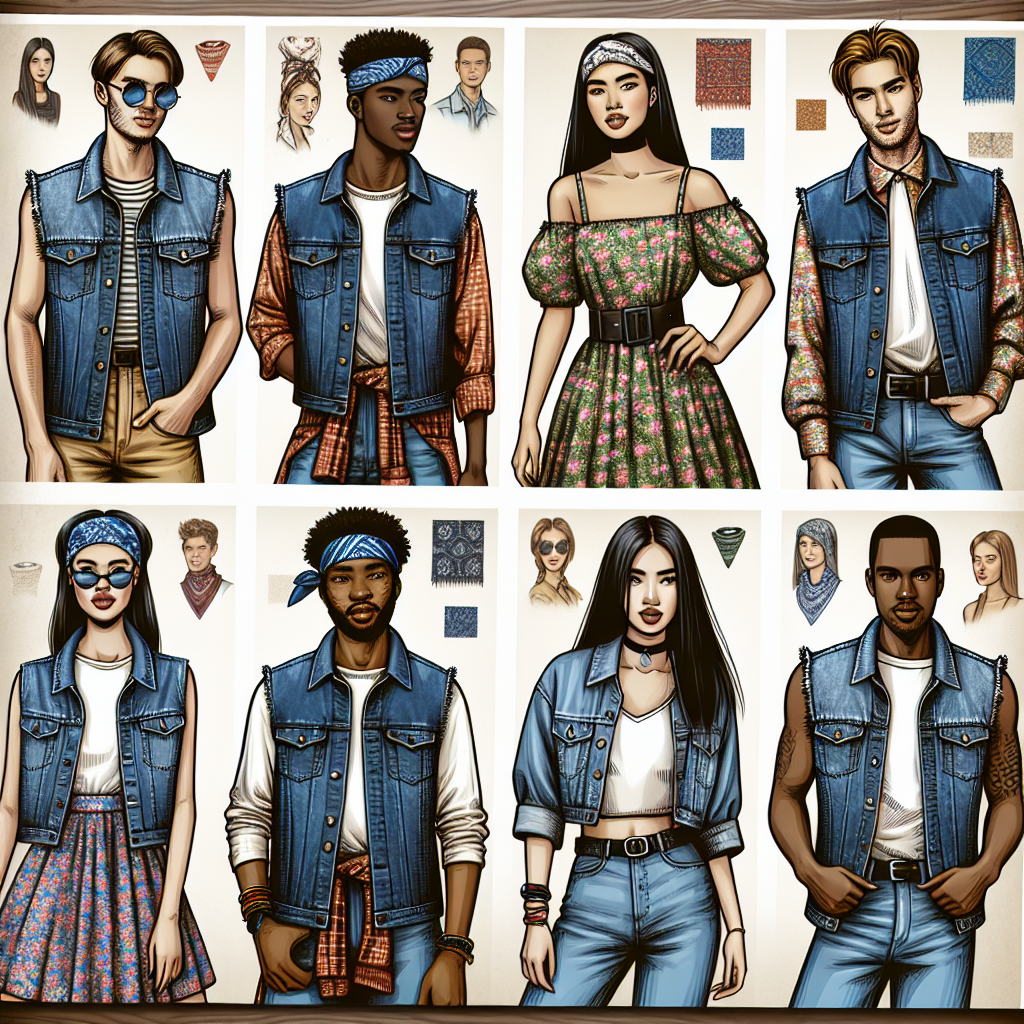 Visualize a magazine spread for a fashion article about denim vest style. Depict an array of people with different descents and genders showcasing their denim vest styles. This should include a South Asian man accessorizing a dark-washed denim vest with vibrant patterned bandanas, a Caucasian woman pairing a faded denim vest with a floral skirt, a Hispanic man layering the vest over a flannel shirt, and a Black woman styling it with high-waist jeans and a white tee. Additionally, include imagery of fashion accessories fitting with the aforementioned clothing ensembles.