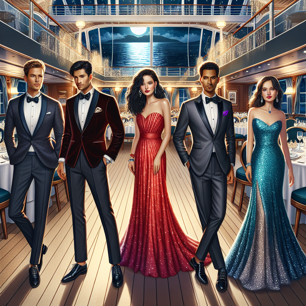 Visualize a series of stunning outfits appropriate for a fancy dinner on a cruise ship. Picture a gentleman in a sharp black tuxedo with a bow tie, a Middle-Eastern woman wearing an elegant red evening gown that shines under the ship's lights, and a South Asian man donning a sophisticated navy blue suit with a contrasting yellow pocket square. Next to them, a Hispanic woman sparkling in a floor-length sequin-embellished turquoise evening dress, and a Black gentleman exuding sophistication in a charcoal grey suit with a vibrant purple tie. They all stand against the backdrop of a beautifully set dining hall of the cruise ship, with the moon reflecting on the calm sea visible through the grand windows.
