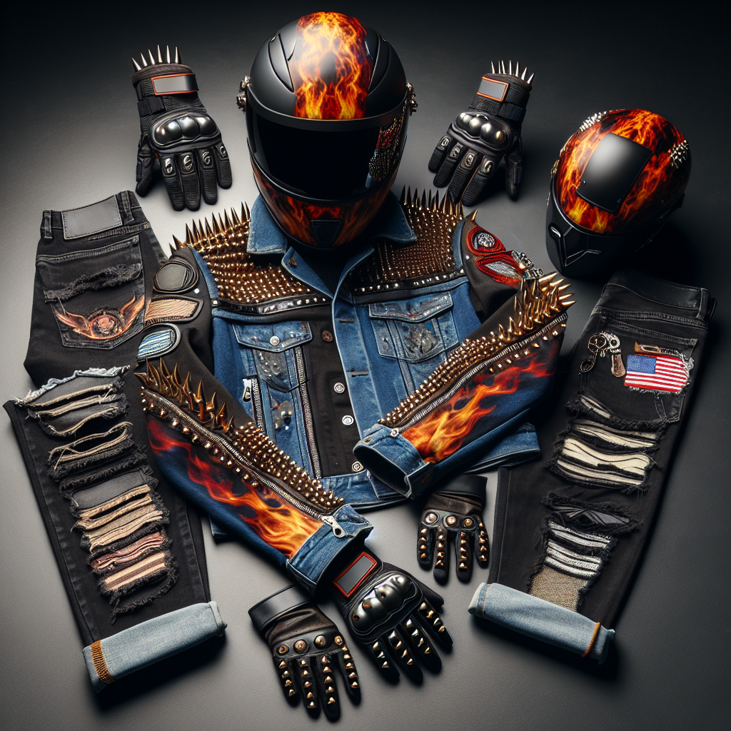 A fashionable ensemble suitable for a rage room experience. The outfit includes protective gear such as gloves and helmet that are creatively styled. The helmet features a thrilling, fiery design, while the gloves have spikes that give a hint of punk. The outfit is completed with trendy, ripped jeans and a custom leather jacket with an array of patches showcasing different symbols of rebellion. The entire outfit radiates both style and practicality, combining fashion with function.
