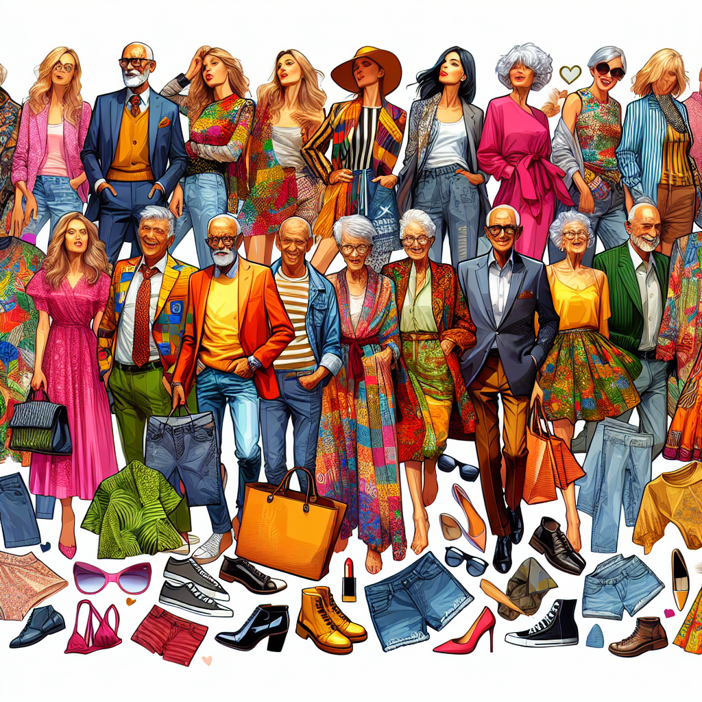 Imagine a colorful assortment of stylish clothing items strewn about playfully. Begin from the right side portraying clothing perfect for a youthful crowd: vibrant and trendy clothes with patterns and radical designs. Progress towards the middle with fashion for young adults: stylish business casual attire and party wear. In the center, reveal high fashion pieces that flaunt sophistication and grace for the middle-aged crowd. To the left, illustrate classic and comfortable styles, recommended for the elderly. Each section is clearly demarcated by age but is harmoniously united in its demonstration of elegance and style.