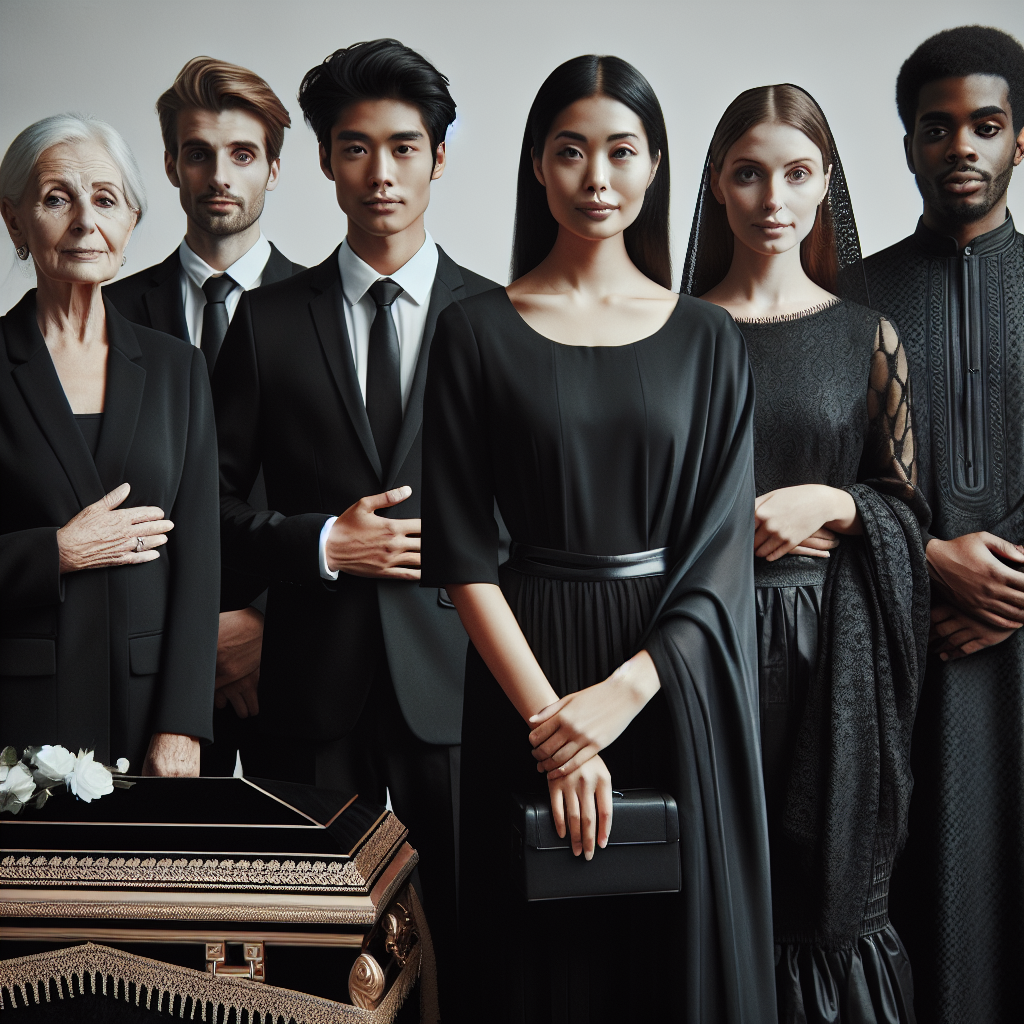 On the topic of appropriate funeral attire, picture a well-dressed group of people paying their respects. There's an East Asian man in a black suit and tasteful tie, a Caucasian woman in a conservative black dress, and a South Asian woman in a tradition-inspired black sari. There's also a Middle Eastern man in a fine black cloak, a Hispanic woman in a modest black skirt and blouse ensemble, and a Black woman in a respectful black African attire. Their garments send a message of respect and solemnity, honoring the customs of a wake.