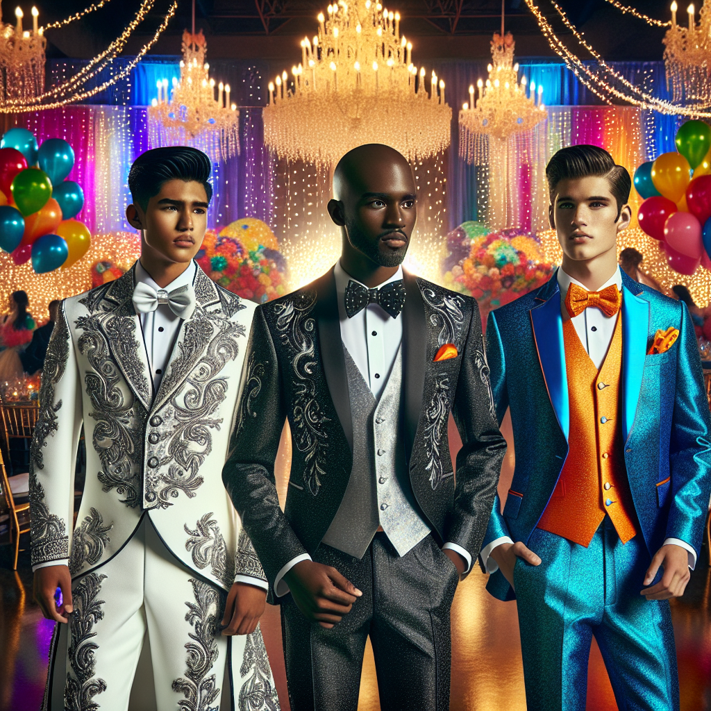 Stunning Quinceanera Attire: What Men Need A dazzling scene showcasing a variety of Quinceanera attire for men. On the left, a South Asian gentleman gracefully stands in a traditional Charro suit adorned with intricate silver embroidery. Centered is a Black man, elegantly dressed in a classic three-piece tuxedo with a striking bow tie. To the right, a Caucasian man wearing a contemporary suit in bright, festive colors, his vest and tie echoing the vibrancy of Quinceanera. In the background, an exquisite banquet hall decorated with multi-colored balloons and twinkling fairy lights creates an ambience of festive celebration.
