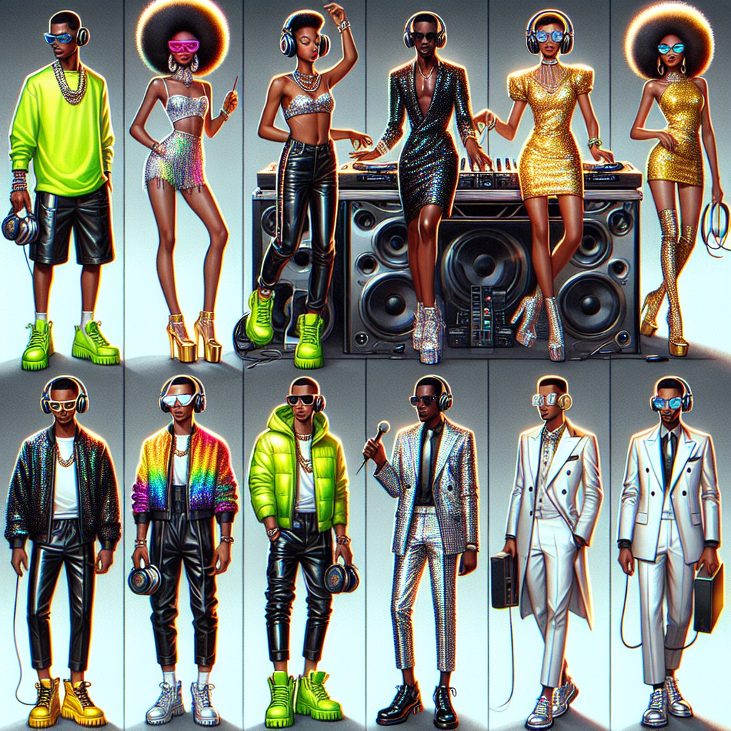 Visualize a series of different outfits suitable for a DJ set. First, show an Afro-Caribbean man in a vibrant neon shirt, black leather pants, and chunky neon sneakers with big crystal headphones around his neck. Next, picture a Latina woman in a sparkling sequin dress, black stiletto boots, and gold loop earrings with a set of golden DJ equipment. Finally, display an Asian man in a white tailored suit, shiny black shoes, and silver metallic sunglasses holding a sleek silver microphone. All of them should be shown in their elements, surrounded by a DJ setup showcasing a vibe of music and energy.